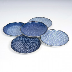 set de 5 assiettes rondes Ø23cm motifs bleus japonais IMAYÔ KOZOME