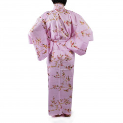 yukata japonés kimono algodón rosa, KINUME, flores de ciruelo dorado