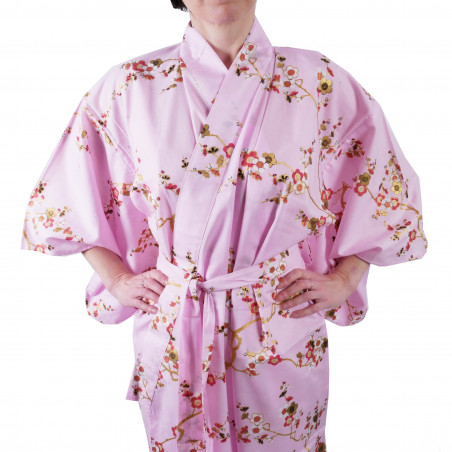 Japanese traditional pink cotton yukata kimono golden plum for ladies