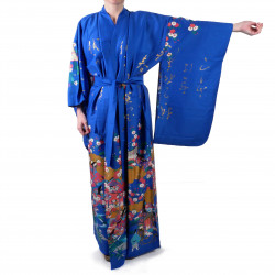 Japanese traditional blue kimono gilt poem and princess for ladies