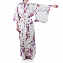 Japanischer weißer Kimono aus Baumwolle, TSURU PEONY, Kranich und Pfingstrose