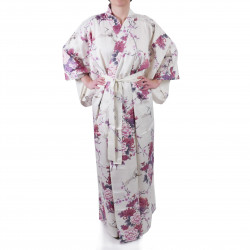 Kimono blanc traditionnel japonais pour femme grue et pivoine