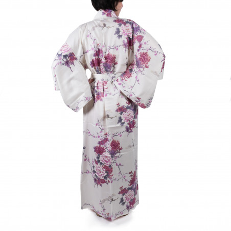 Japanischer weißer Kimono aus Baumwolle, TSURU PEONY, Kranich und Pfingstrose