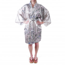 hanten kimono giapponese bianco satinato, UTAUME, poesia e fiori