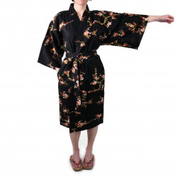 happi kimono traditionnel japonais noir en coton fleurs prune dorées pour femme