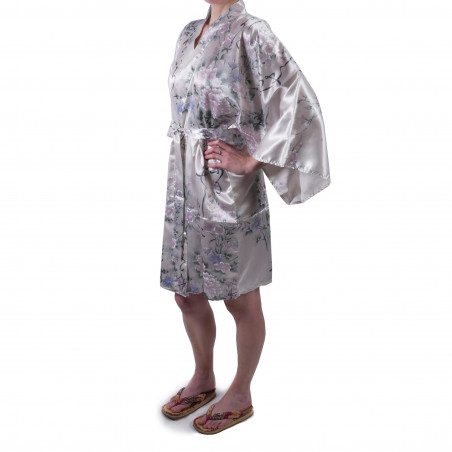 Japanese traditional white sateen hanten kimono poetry and flowers for ladies