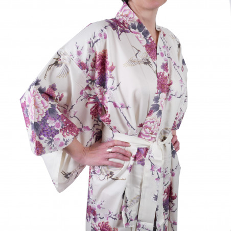 Kimono de algodón blanco japonés, TSURU PEONY, grulla y peonía