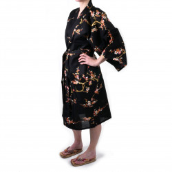 happi japonés kimono algodón negro, KINUME, flores de ciruelo dorado