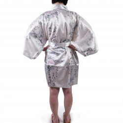 hanten kimono giapponese bianco satinato, UTAUME, poesia e fiori