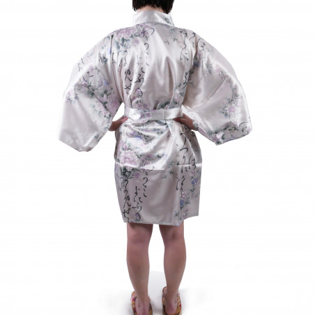 hanten japanischer Kimono weißer Satin, UTAUME, Poesie und Blumen