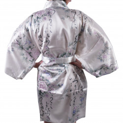 hanten kimono traditionnel japonais blanc en satin poésies et fleurs pour femme