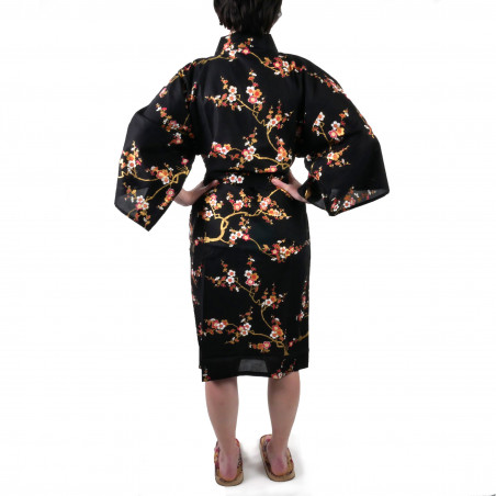 Japanese traditional black cotton happi coat kimono golden plum for ladies