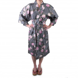 happi kimono traditionnel japonais noir en coton fleurs de cerisiers sakura sur motifs nuages pour femme