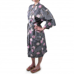 happi kimono traditionnel japonais noir en coton fleurs de cerisiers sakura sur motifs nuages pour femme