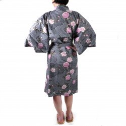 happi kimono giapponese in cotone nero, SAKURAGUMO, fiori di ciliegio e nuvole