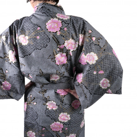 happi japonés kimono algodón negro, SAKURAGUMO, flores de cerezo en los patrones de nubes