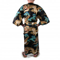 Japanese traditional black cotton yukata kimono dragon and pines for men