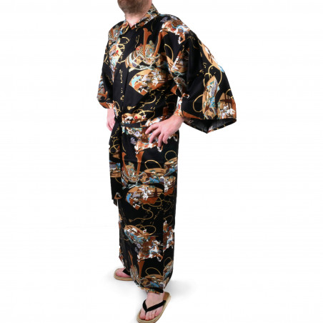 Japanese traditional black cotton yukata kimono samuraï for men