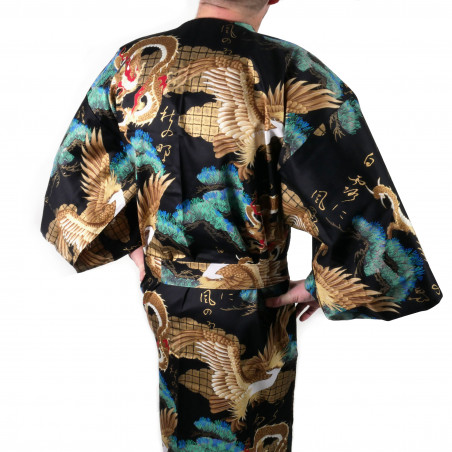 Japanese traditional black cotton yukata kimono dragon and pines for men