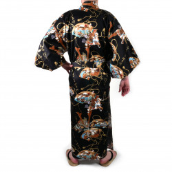 kimono yukata giapponese nero in cotone, SHONZUIRYÛ, samuraï