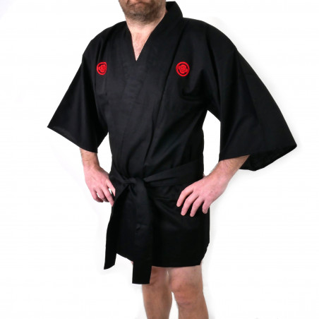 hanten kimono giapponese nero in cotone, SAMURAI, kanji samurai argento