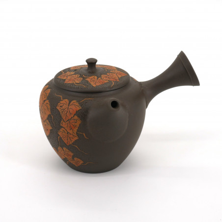 Japanese kyusu brown teapot engraving leaves MANOSHUN