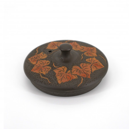 Japanese kyusu brown teapot engraving leaves MANOSHUN