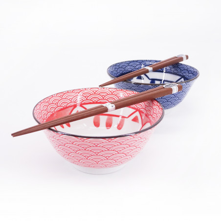 Set de 2 bols ramen japonais en céramique avec baguettes MANEKINEKO rouge et bleu