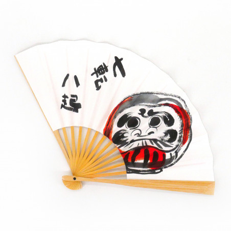 éventail japonais blanc en papier et bambou, DARUMA, porte-bonheur