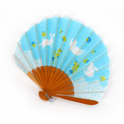 small Japanese fan 21cm in cotton, USAGI, sky blue rabbit