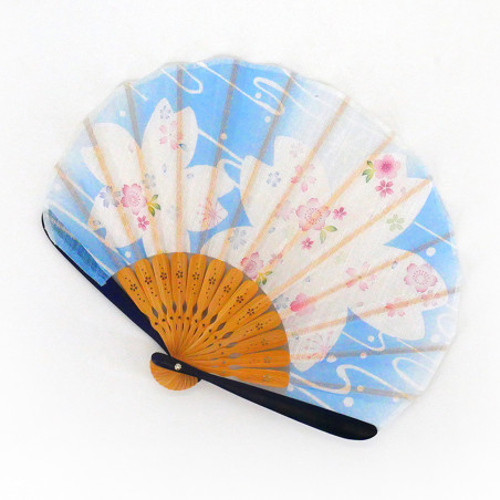 éventail japonais bleu 21cm pour femme, BIGSAKURA, fleurs de cerisier