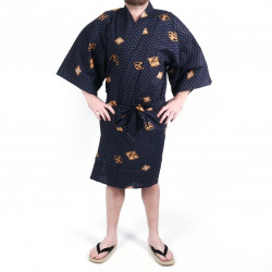 Kimono de algodón negro tradicional japonés Happi con patrones de diamantes y kanji para hombres