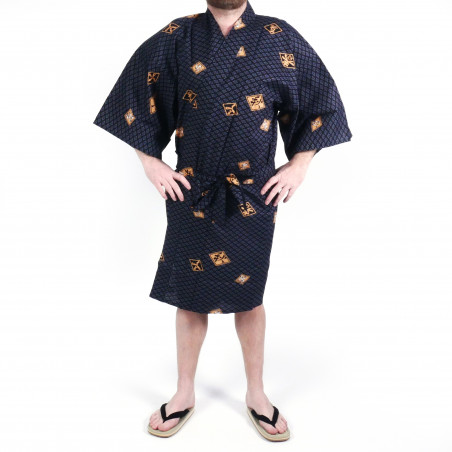 Happi traditioneller japanischer blauer Baumwollkimono mit Rautenmustern und Kanji für Männer