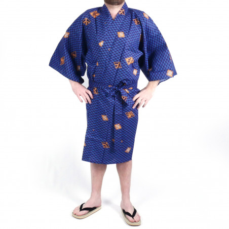 Happi traditional japanese blue cotton kimono with diamond patterns and kanji for men