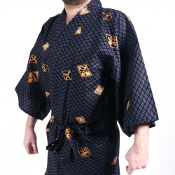 Kimono de algodón negro tradicional japonés Happi con patrones de diamantes y kanji para hombres