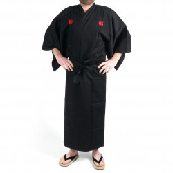 Kimono giapponese nero in cotone fine, SAMURAI, kanji d'oro