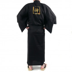 Japanese black kimono in cotton shantung samuraï golden kanji for men