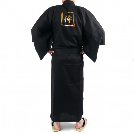 Kimono giapponese nero in cotone fine, SAMURAI, kanji d'oro