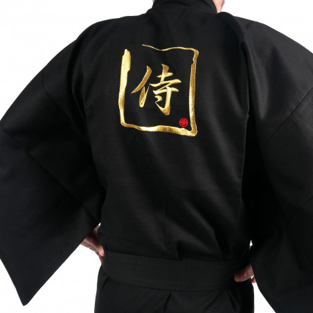 Kimono giapponese nero in cotone fine, SAMURAI, kanji d'oro