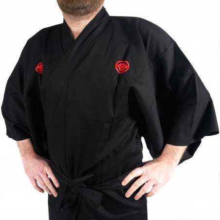 Japanese black kimono in cotton shantung samuraï golden kanji for men