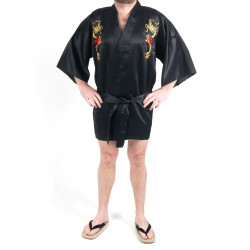 Kimono japonés hanten en algodón negro, RYU, dragón