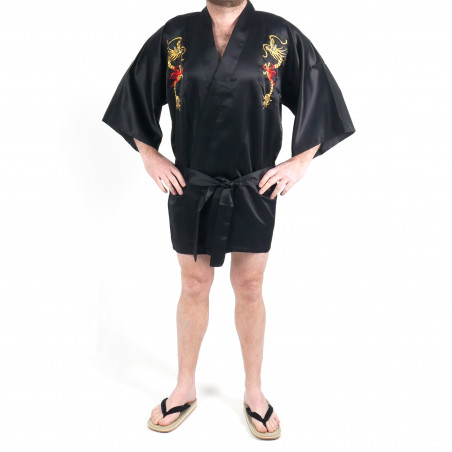 Japanese traditional black cotton shantung hanten kimono, RYU Dragon, for men