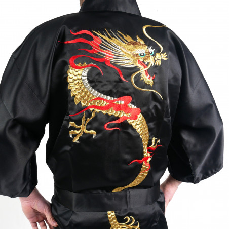 Japanese traditional black cotton shantung hanten kimono, RYU Dragon, for men