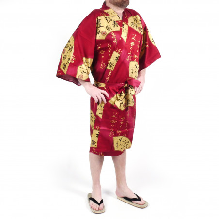 Japanese red cotton happi coat kimono SENSU, golden fan, for men