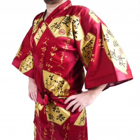 happi kimono rouge japonais en coton SENSU, éventail doré, pour homme