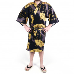 happi kimono giapponese in cotone, nero, SENSU, fan d'oro