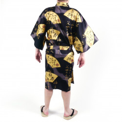 happi kimono noir japonais en coton SENSU, éventail doré, pour homme