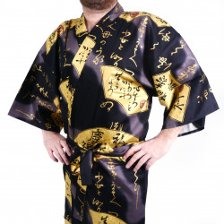 Japanese black cotton happi coat kimono SENSU, golden fan, for men