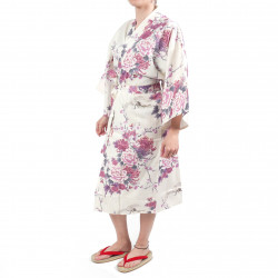 happi kimono traditionnel japonais blanc en coton satin grue et pivoine pour femme