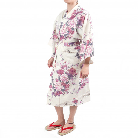 Japanese traditional white cotton sateen happi coat kimono flying crane and peony for ladies